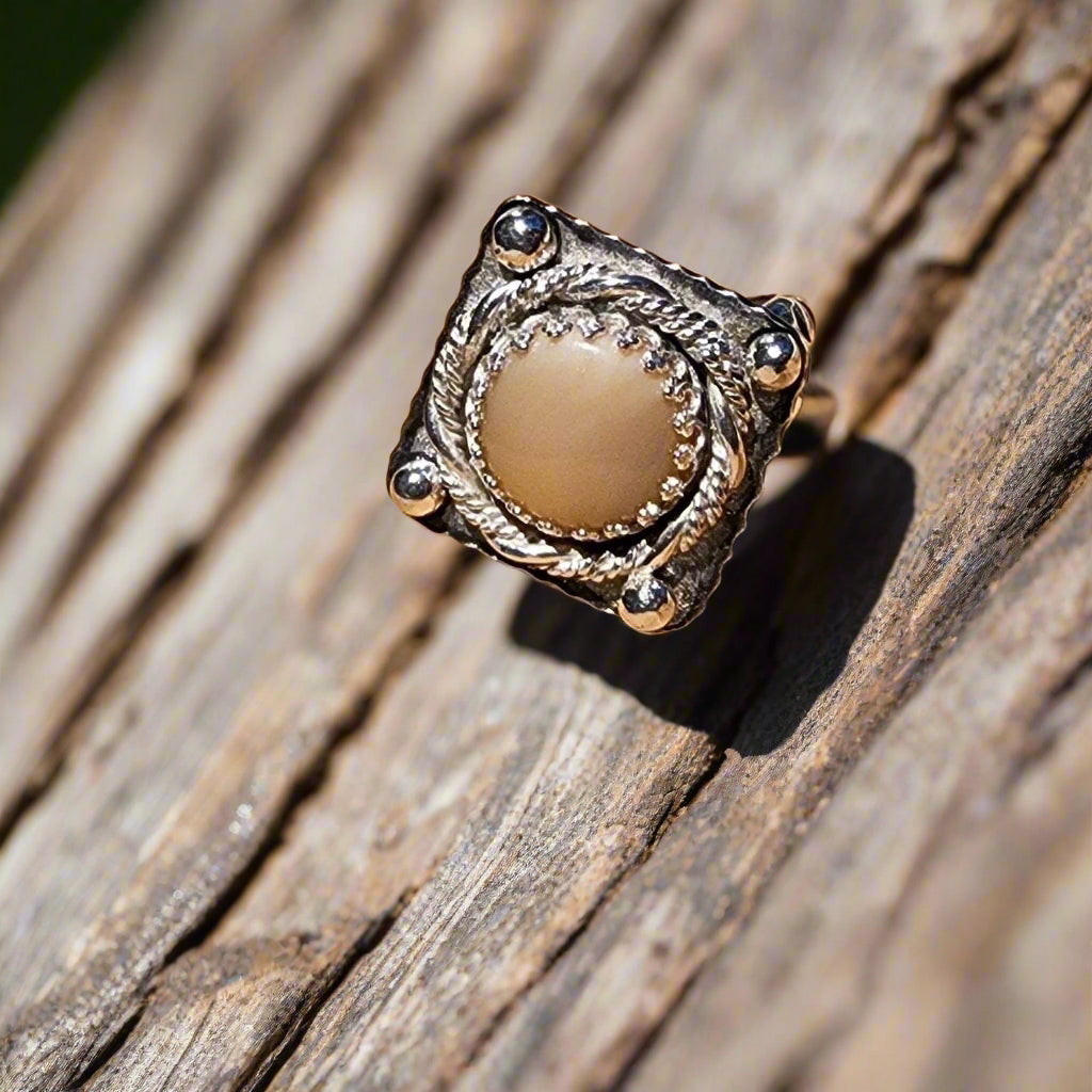 Handcrafted Sterling Silver Statement Ring – Mother of Pearl Cabochon with LOVE Detail