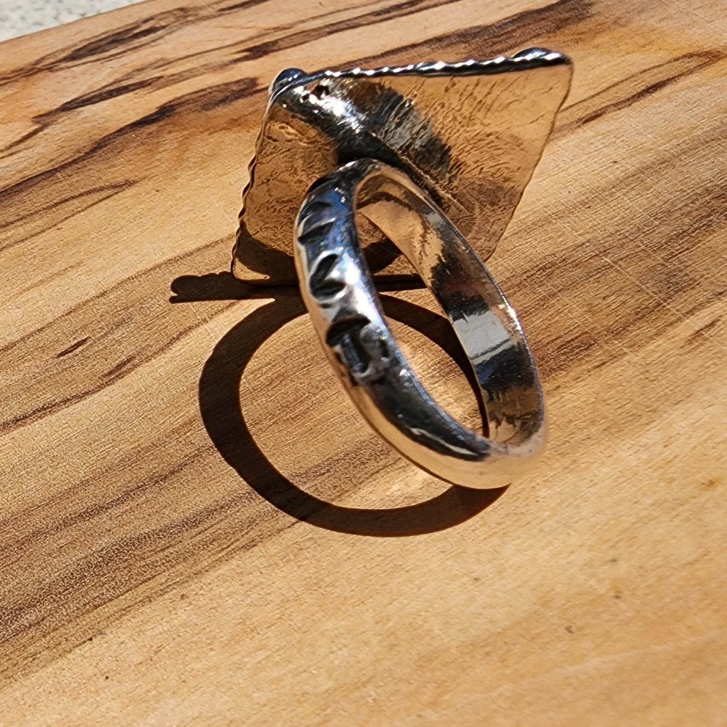 Handcrafted Sterling Silver Statement Ring – Mother of Pearl Cabochon with LOVE Detail