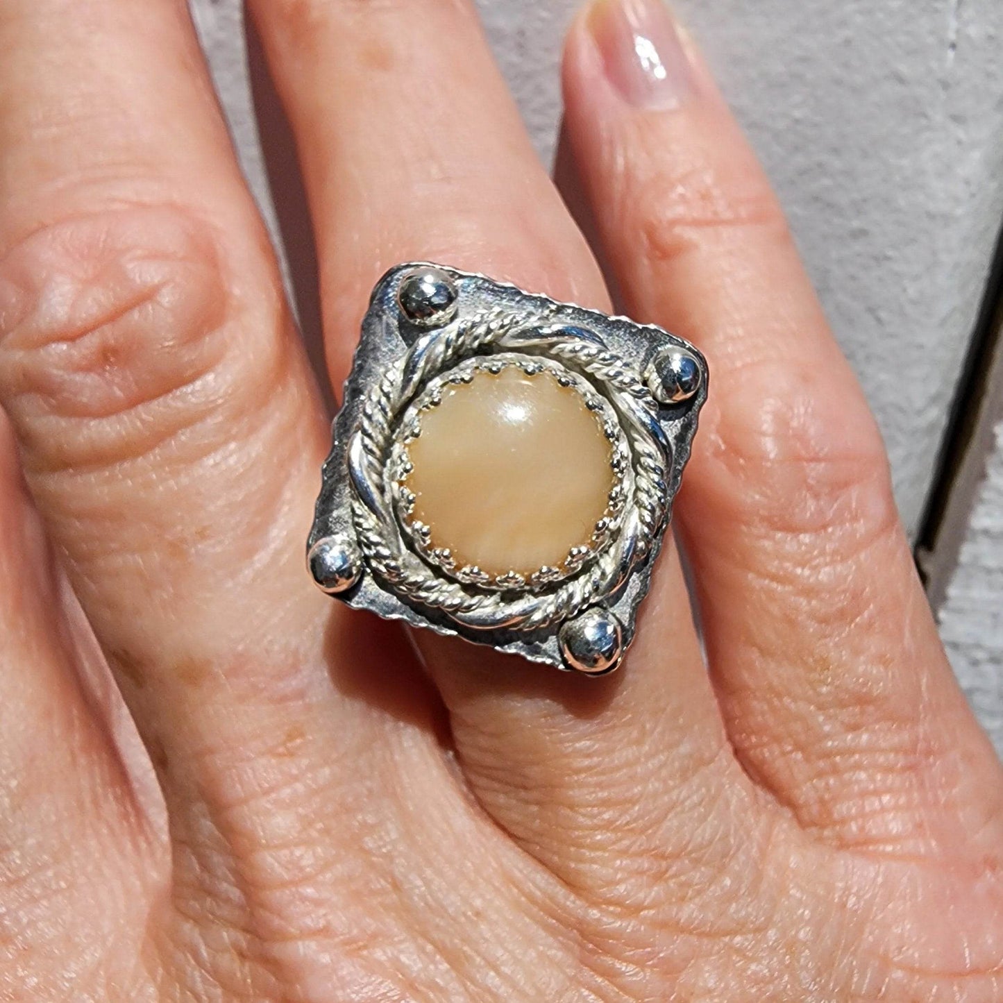 Handcrafted Sterling Silver Statement Ring – Mother of Pearl Cabochon with LOVE Detail