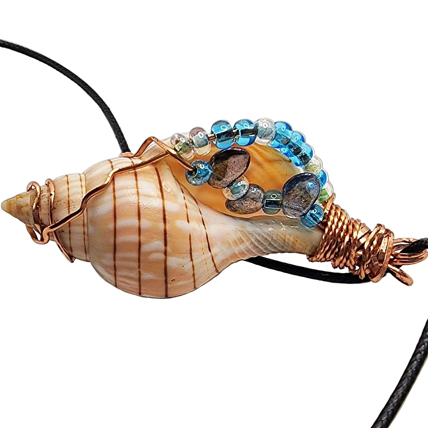 Handmade tulip shell pendant necklace with copper wire wrap and blue beads on cord