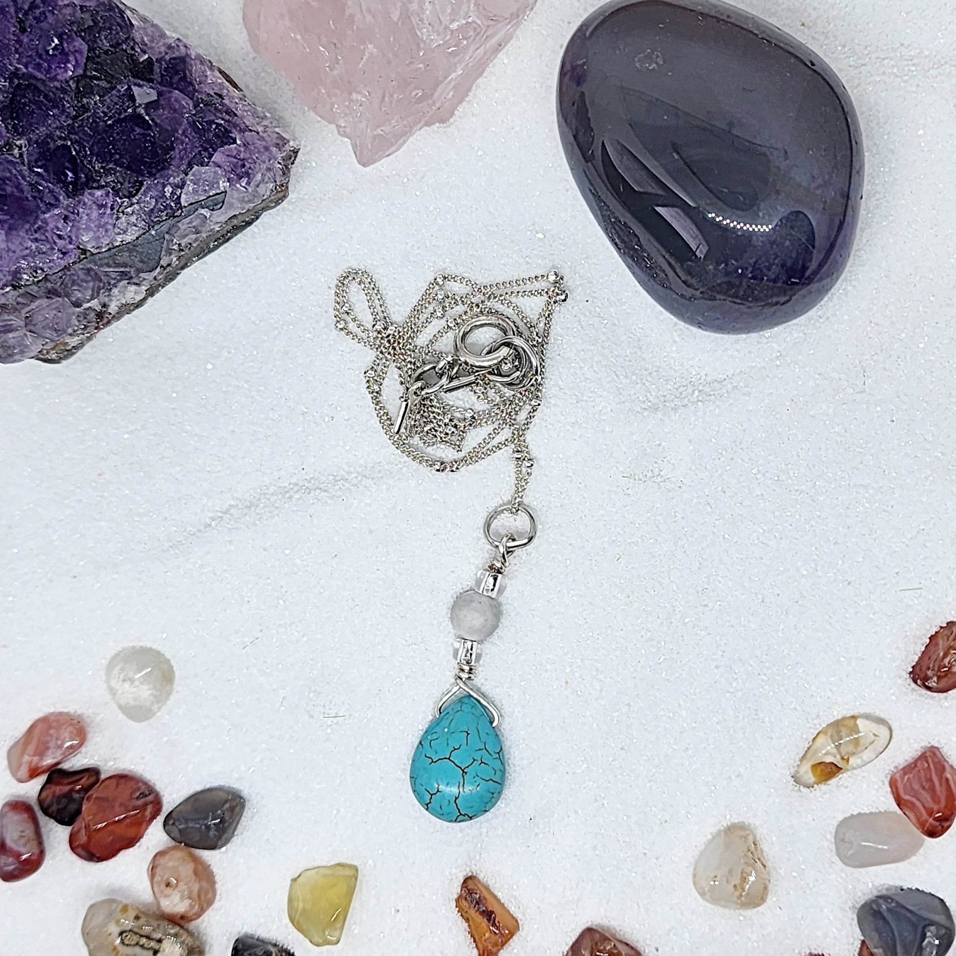 Handmade Elegant Turquoise Howlite Teardrop Pendant on Sterling Silver Satellite Chain