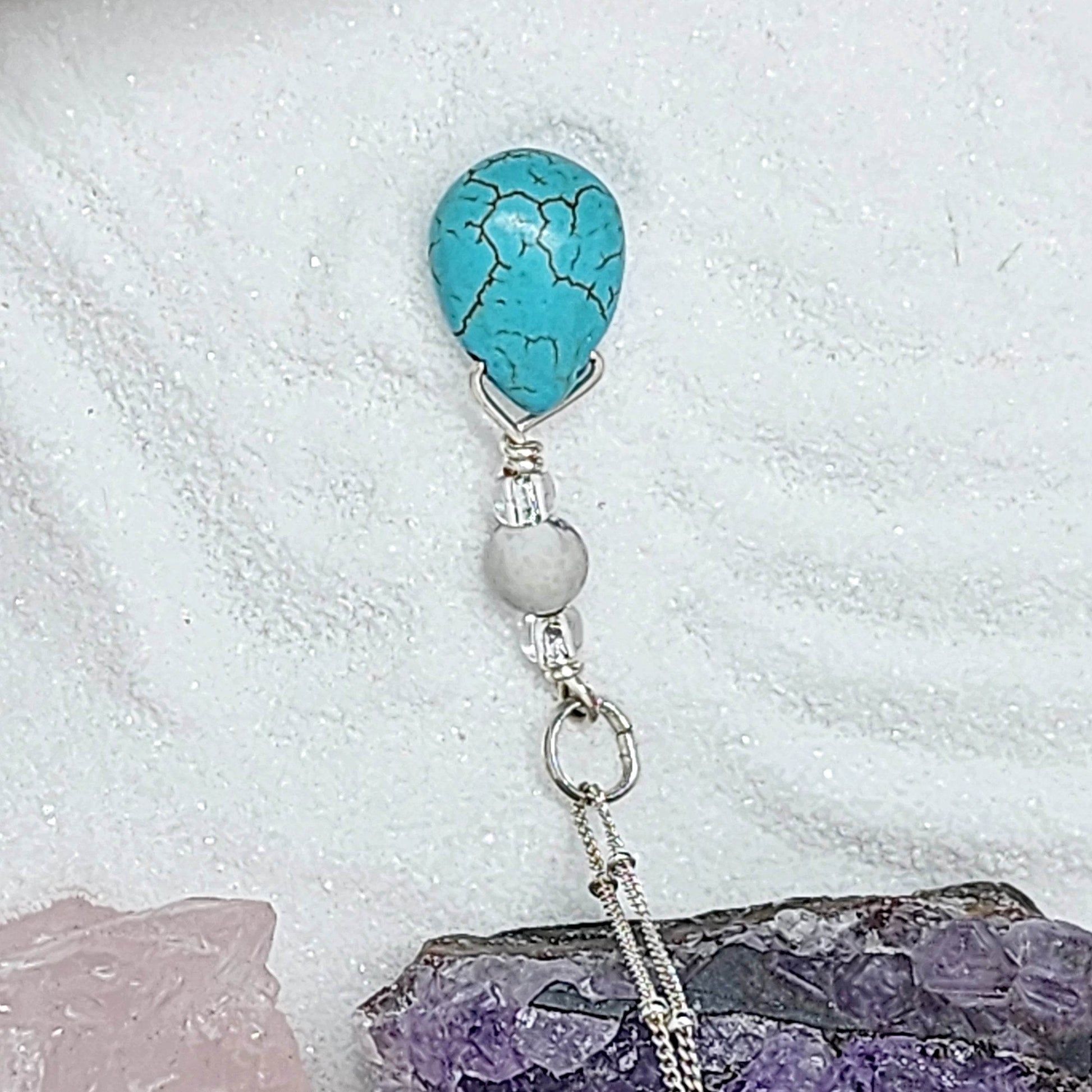 Handmade Elegant Turquoise Howlite Teardrop Pendant on Sterling Silver Satellite Chain