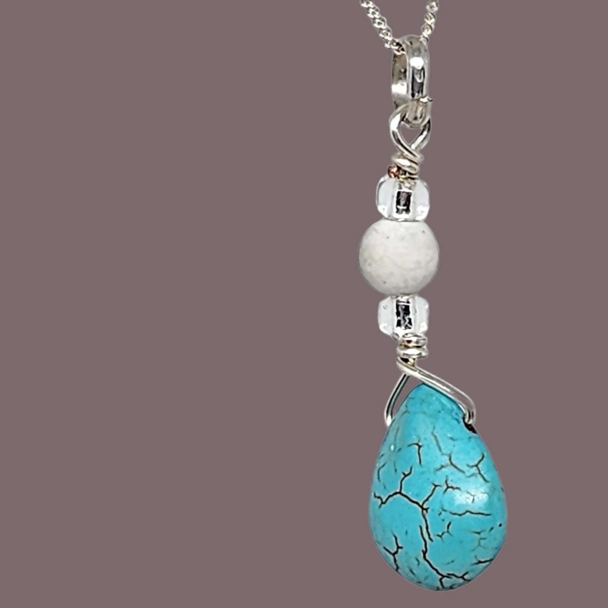 Handmade Elegant Turquoise Howlite Teardrop Pendant on Sterling Silver Satellite Chain