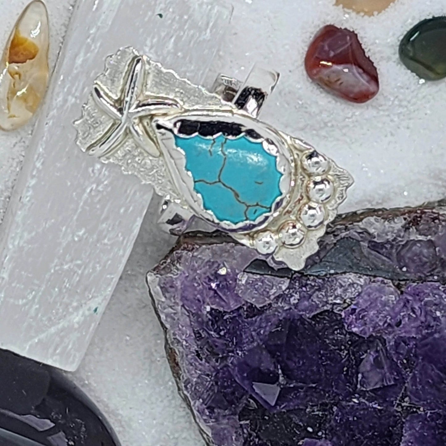 Adjustable Sterling Silver Turquoise Howlite Ring with Starfish | Handmade Boho Mermaid Jewelry