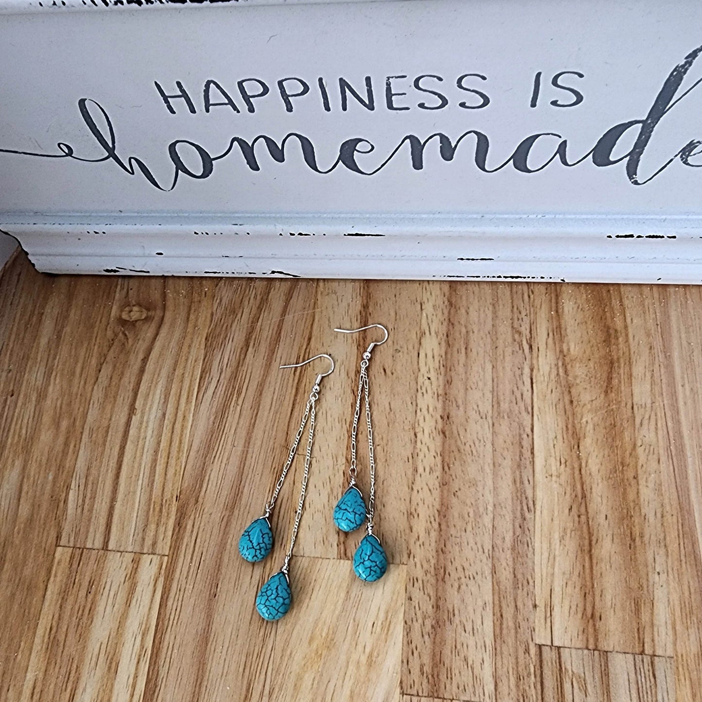 Handmade Sterling Silver Turquoise Howlite Teardrop Earrings | Figaro Chain Design | 4-Inch Length