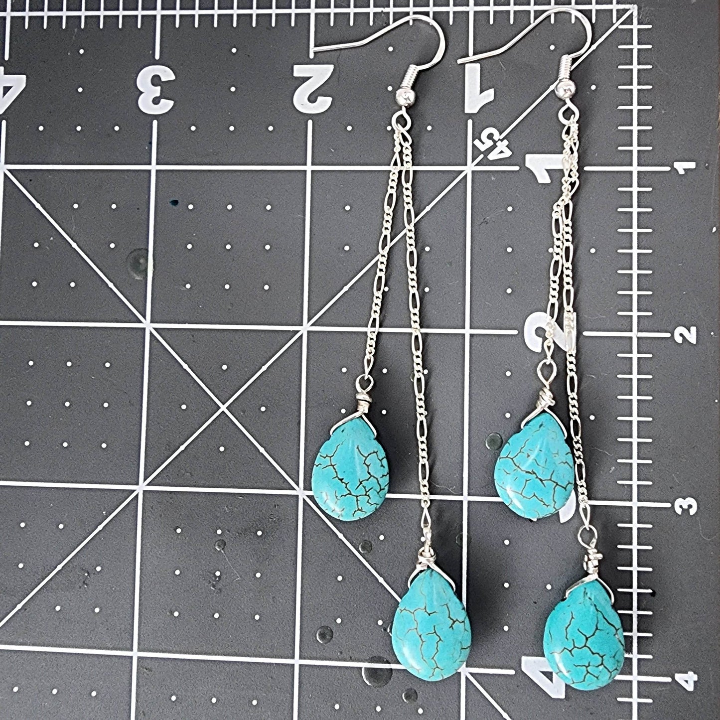 Handmade Sterling Silver Turquoise Howlite Teardrop Earrings | Figaro Chain Design | 4-Inch Length