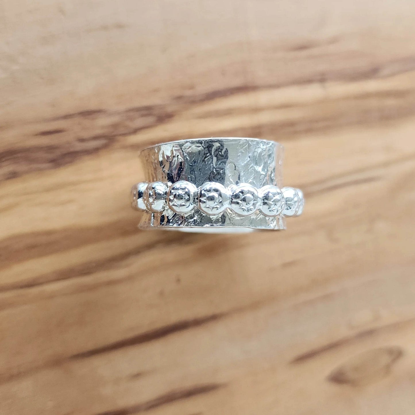 Sterling Silver Handmade Spinner Ring Hammered Style with Daisy Flower Outer Ring