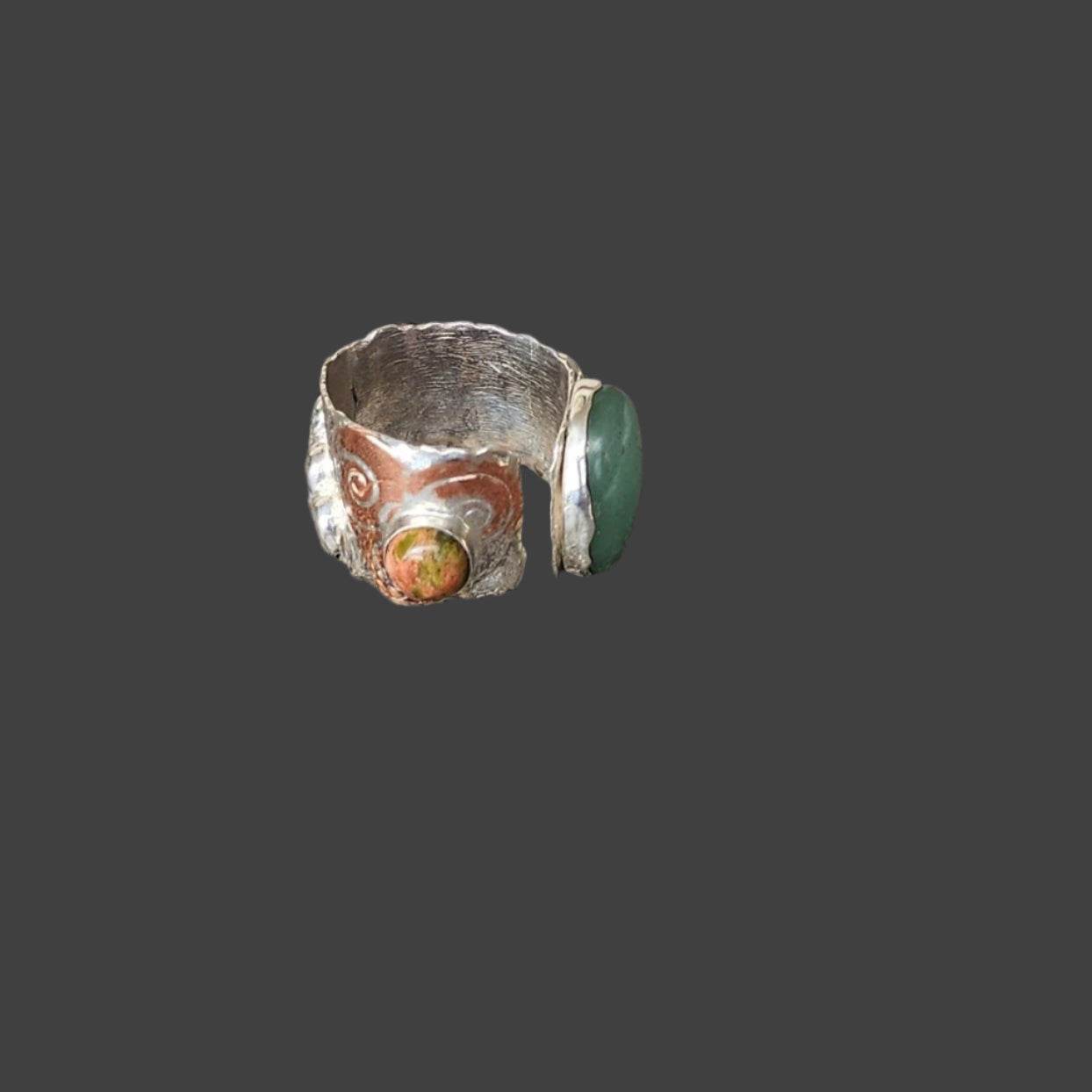 Boho Handmade Statement Ring - Copper Hearts - Gemstones - Sterling Silver