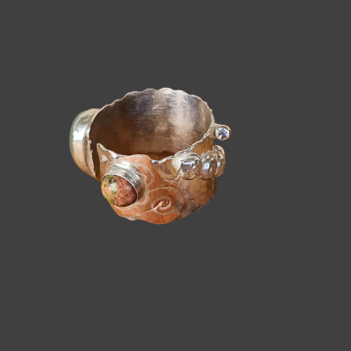 Boho Handmade Statement Ring - Copper Hearts - Gemstones - Sterling Silver