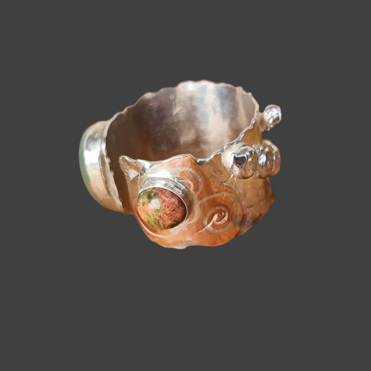 Adjustable Sterling Silver Boho Statement Ring – Aventurine, Unakite & Copper Heart