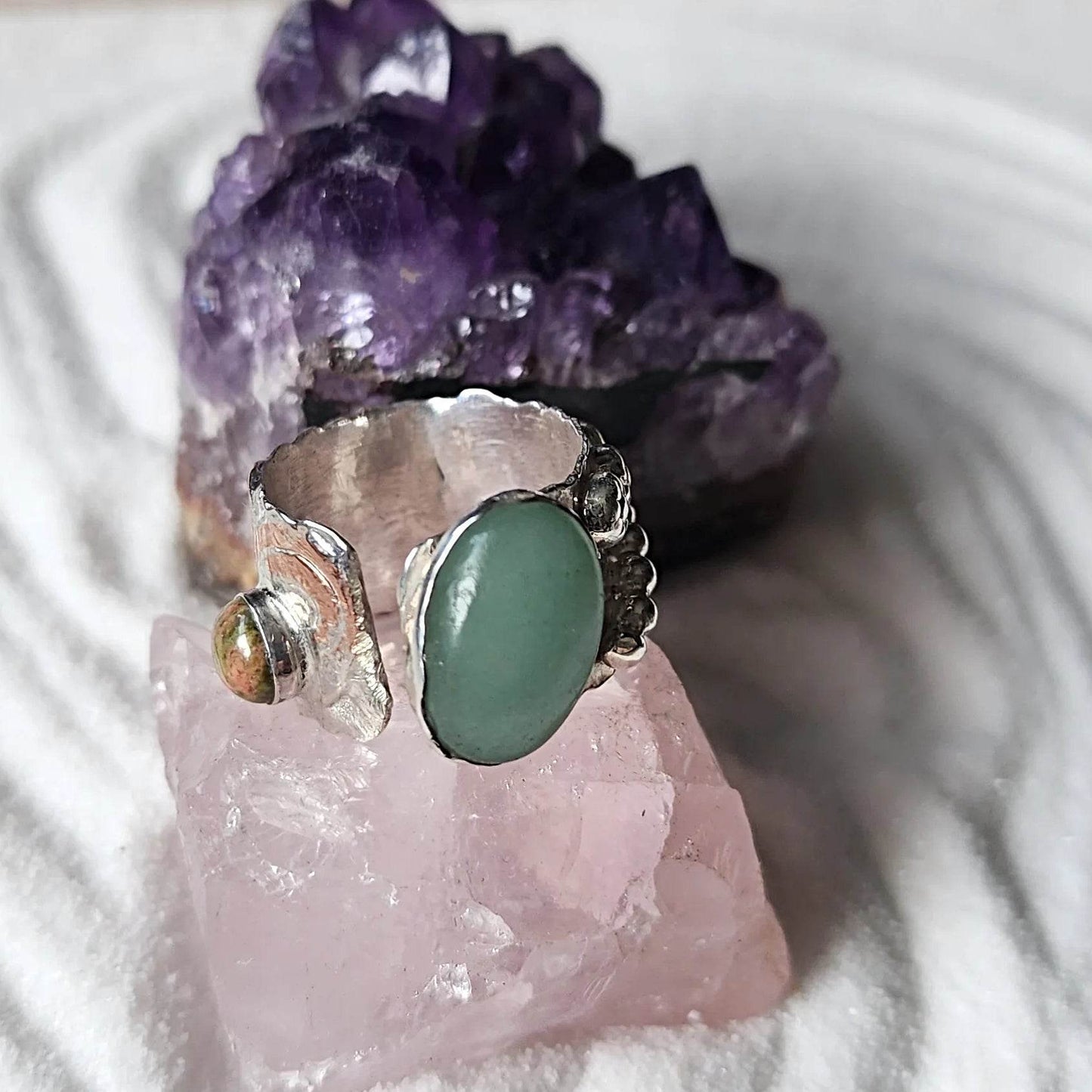 Boho Handmade Statement Ring - Copper Hearts - Gemstones - Sterling Silver