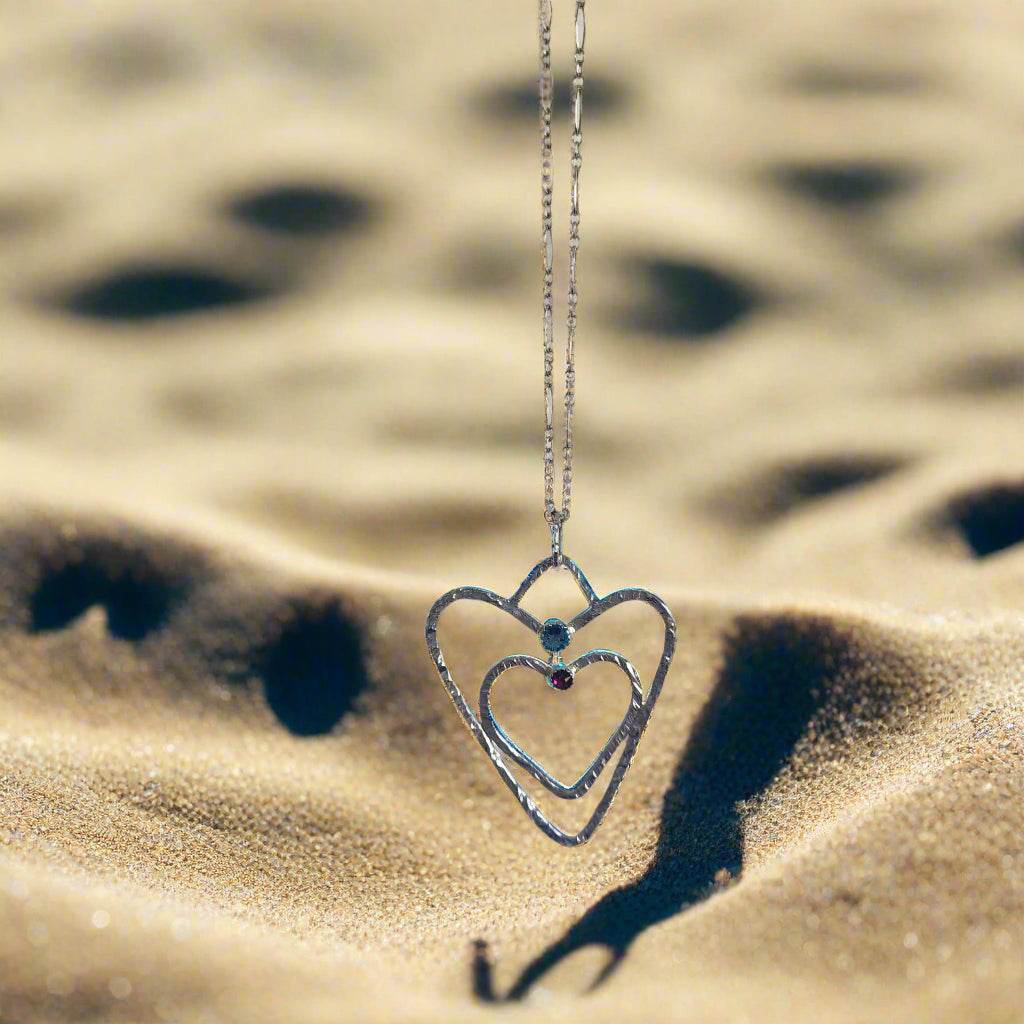 Sterling Silver .925 Handmade Hammered Double Heart Pendant with Swarovski Rhinestones β A Symbol of Love and Connection