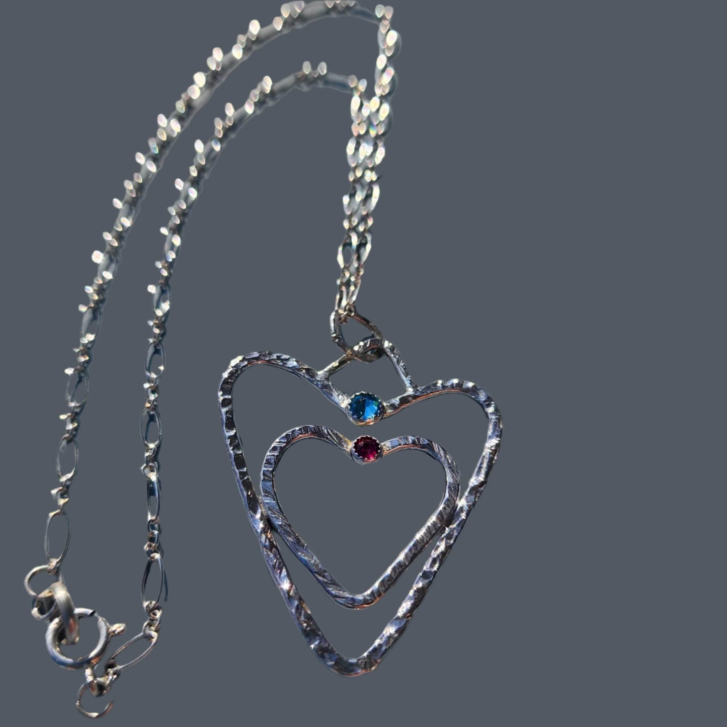 Sterling Silver .925 Handmade Hammered Double Heart Pendant with Swarovski Rhinestones β A Symbol of Love and Connection