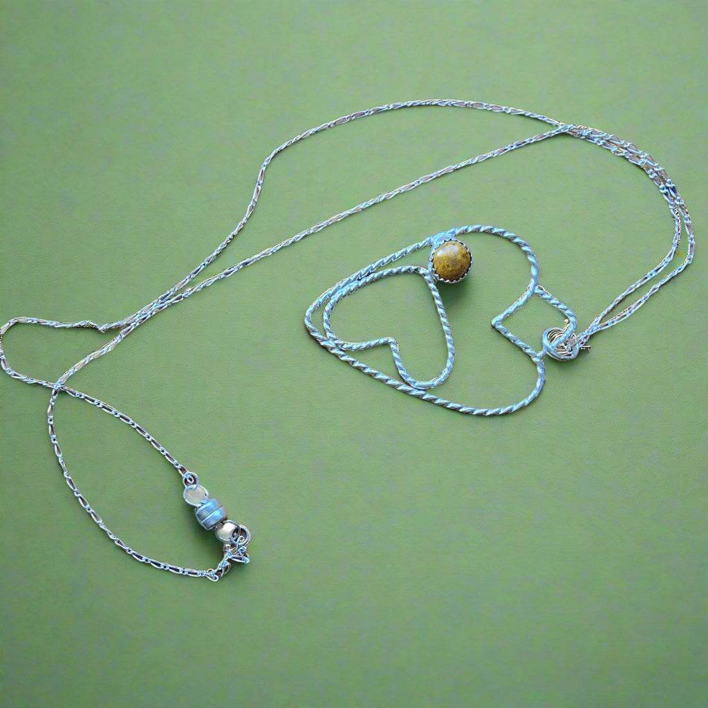 Sterling Silver Handmade Two Heart Pendant with Twisted Wire & Crazy Lace Agate Cabochon