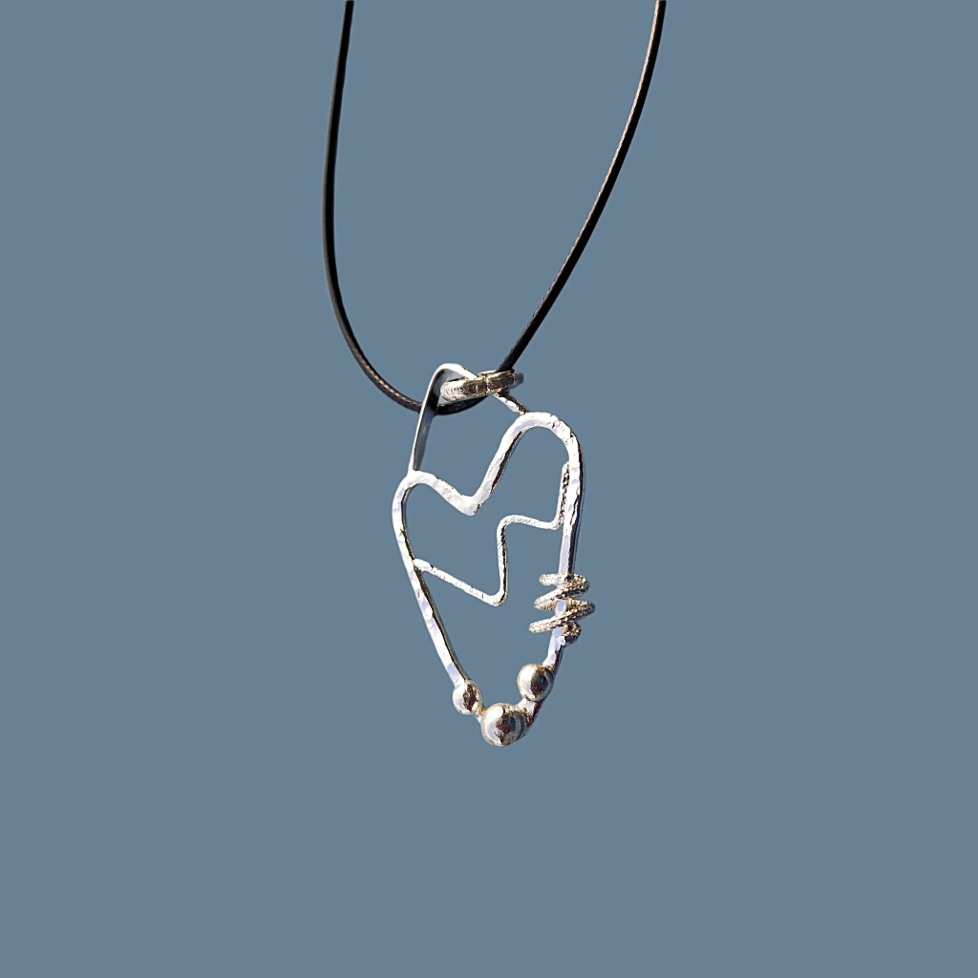 Handmade Sterling Silver Heart Pendant with Pulse Line – Unique, Hammered Texture with Silver Nugget Balls and Spiral Wire Design
