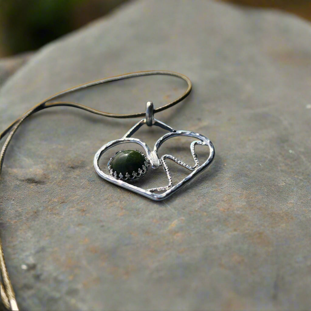 Handmade Sterling Silver Heart Pendant with 10mm African Jade – A Symbol of Love, Harmony & Strength