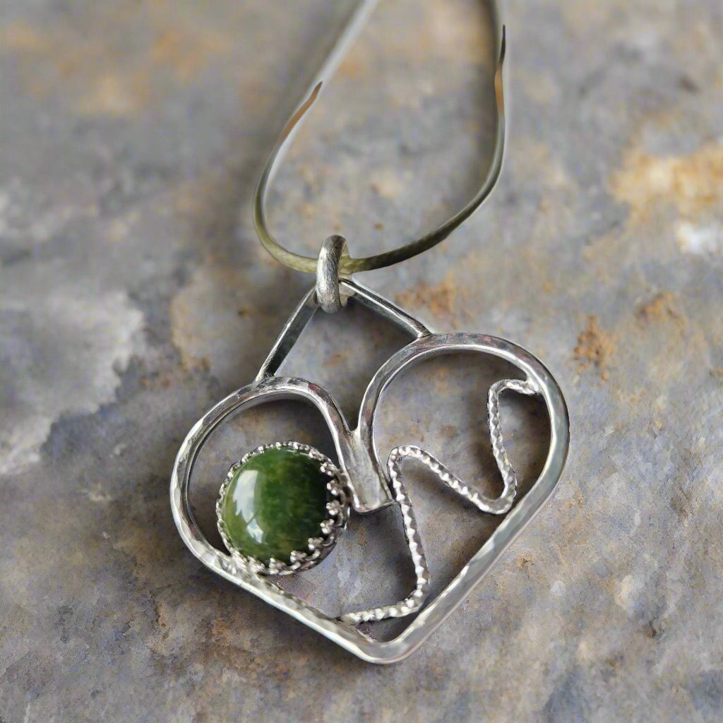 Handmade Sterling Silver Heart Pendant with 10mm African Jade – A Symbol of Love, Harmony & Strength