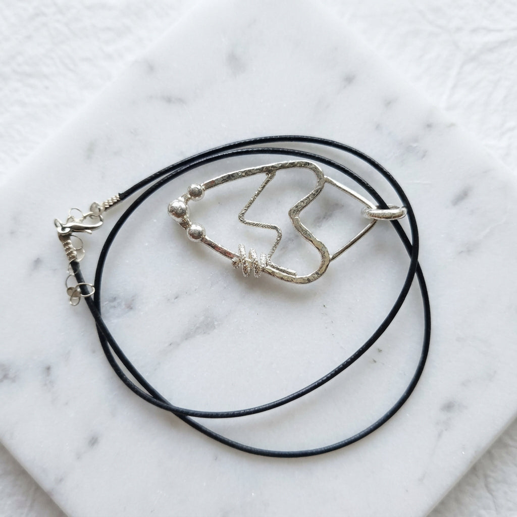 Handmade Sterling Silver Heart Pendant with Pulse Line – Unique, Hammered Texture with Silver Nugget Balls and Spiral Wire Design