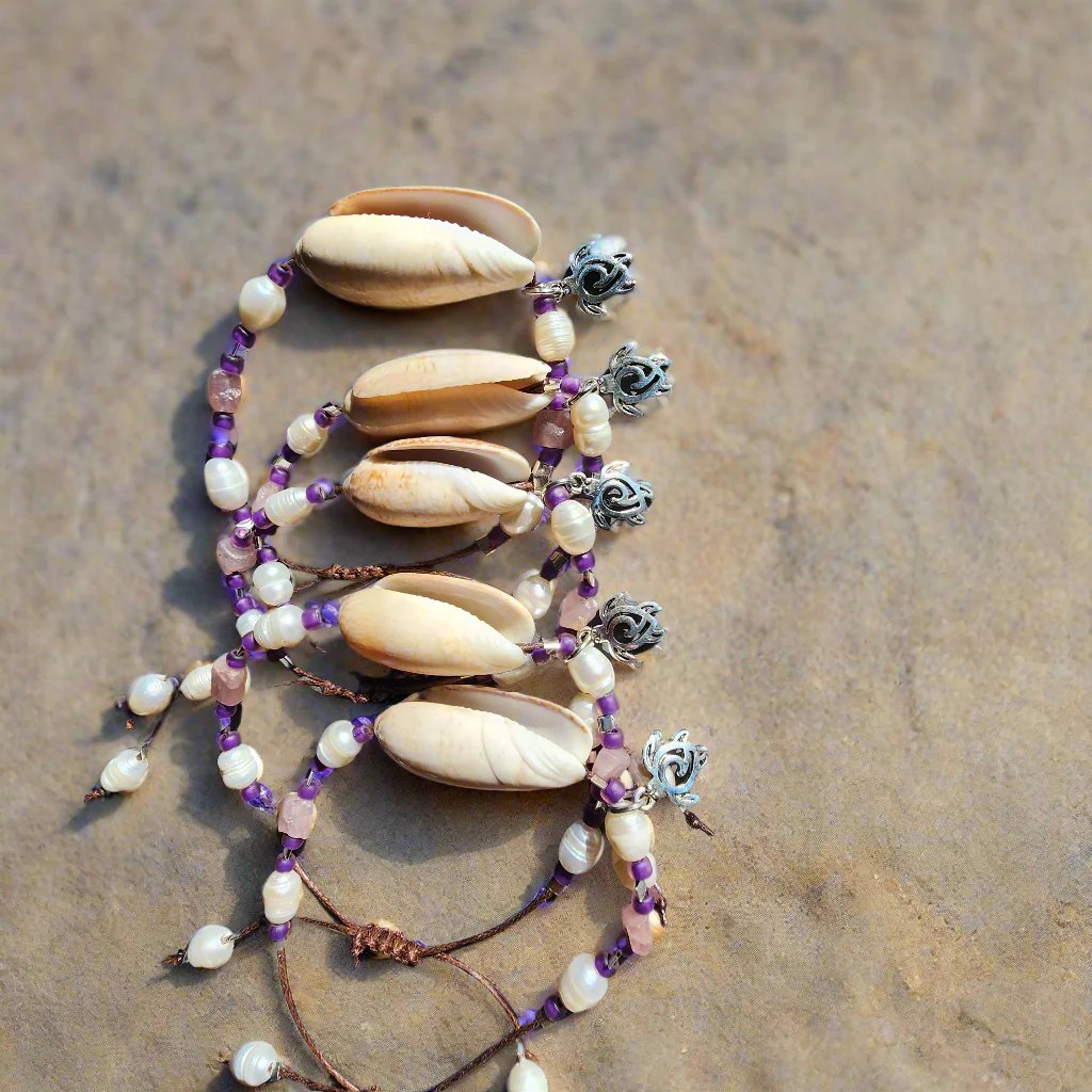 Beach wedding shell bracelet set – natural Olive shells with pink and purple gemstone beads and pearl accents