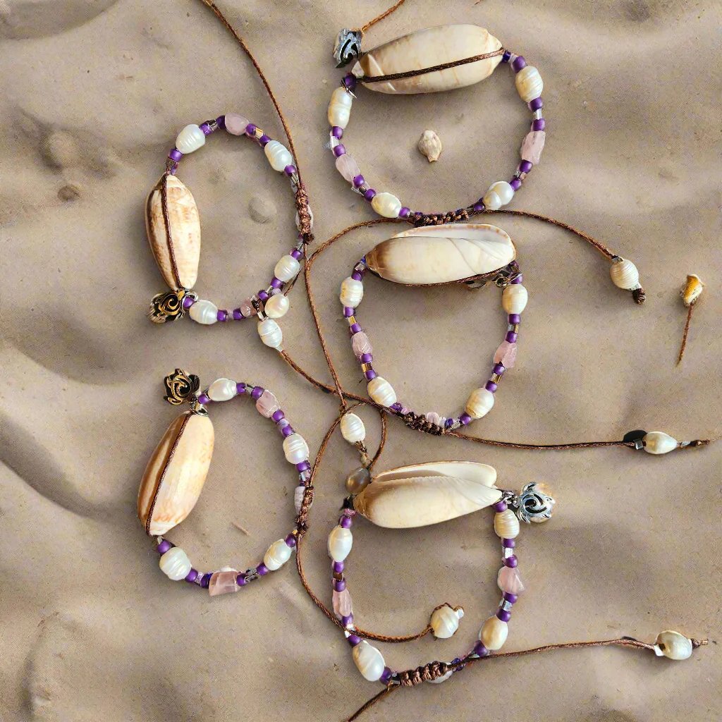 Beach wedding shell bracelet set – natural Olive shells with pink and purple gemstone beads and pearl accents