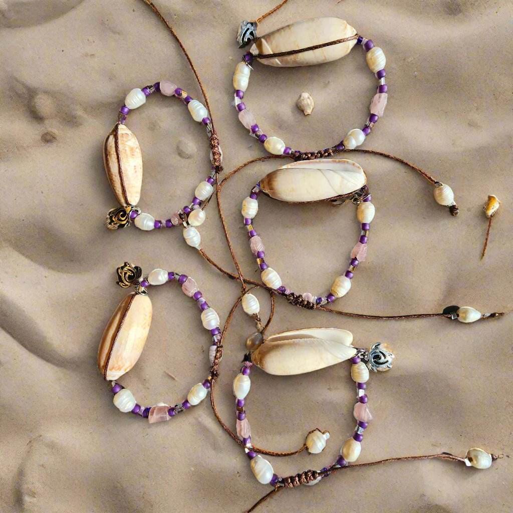 Beach wedding shell bracelet set – natural Olive shells with pink and purple gemstone beads and pearl accents