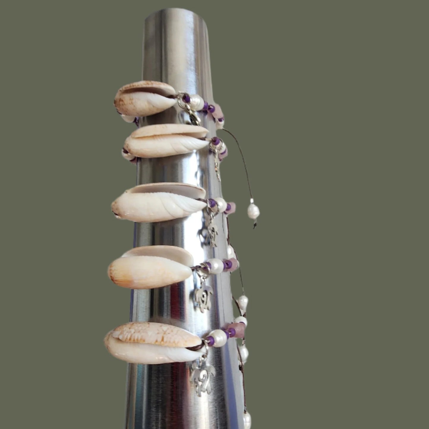 Beach wedding shell bracelet set – natural Olive shells with pink and purple gemstone beads and pearl accents