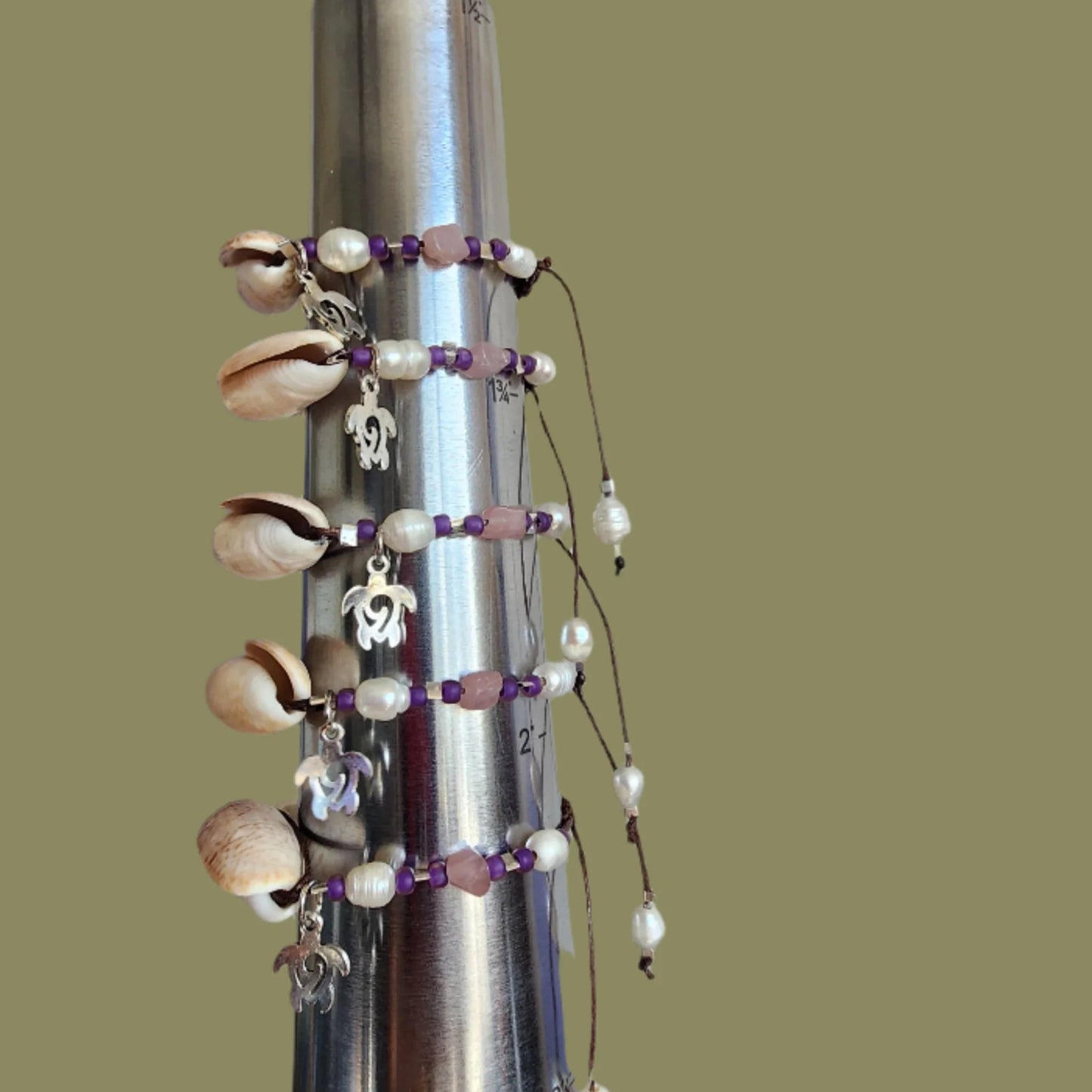 Beach wedding shell bracelet set – natural Olive shells with pink and purple gemstone beads and pearl accents