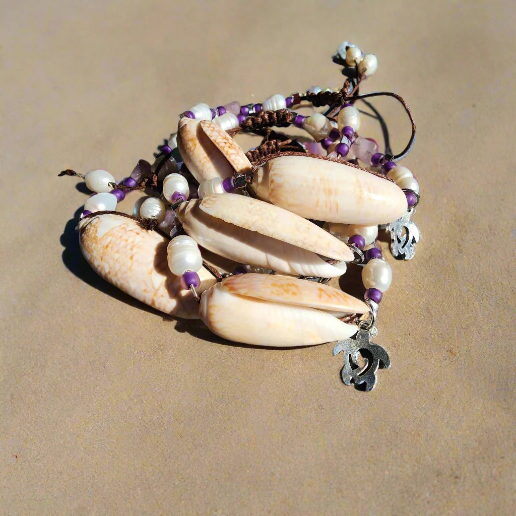 Beach wedding shell bracelet set – natural Olive shells with pink and purple gemstone beads and pearl accents