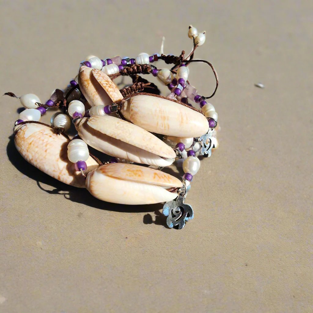 Beach wedding shell bracelet set – natural Olive shells with pink and purple gemstone beads and pearl accents