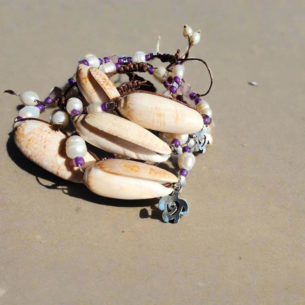 Beach wedding shell bracelet set – natural Olive shells with pink and purple gemstone beads and pearl accents