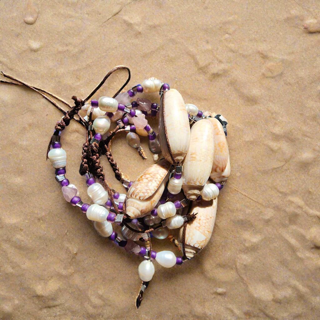 Beach wedding shell bracelet set – natural Olive shells with pink and purple gemstone beads and pearl accents