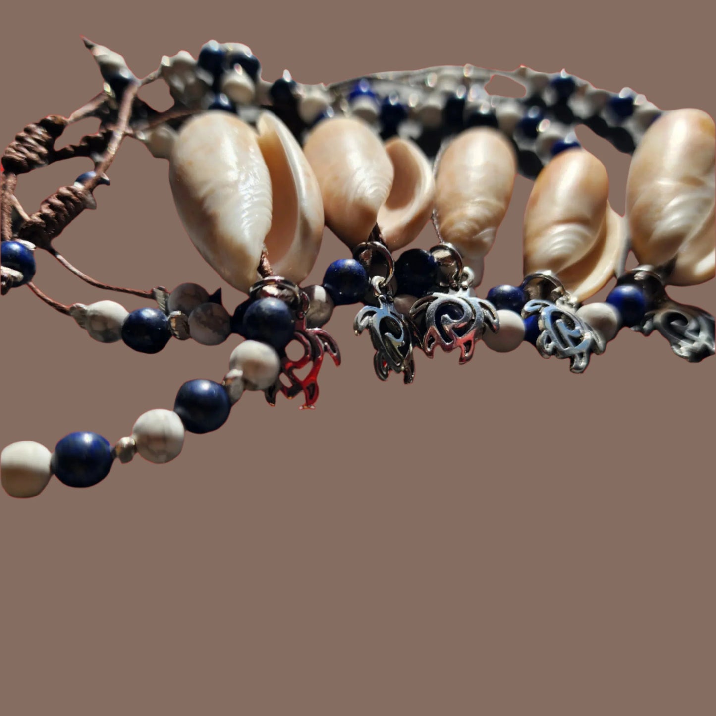 Lapis Lazuli and Howlite beach wedding bracelet set with Olive Shells and pearl accents