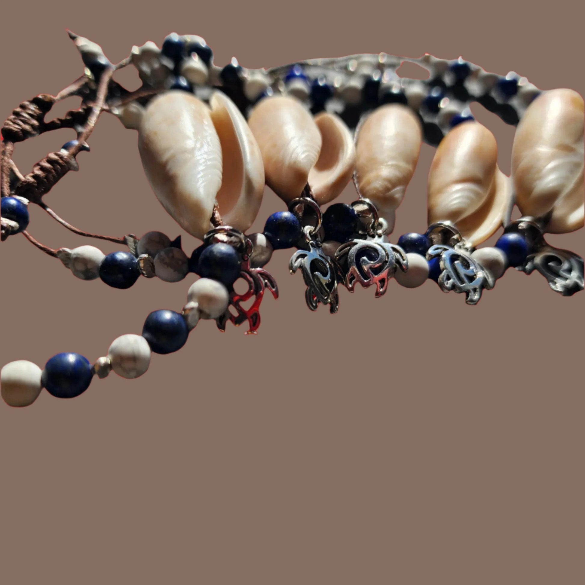 Lapis Lazuli and Howlite beach wedding bracelet set with Olive Shells and pearl accents