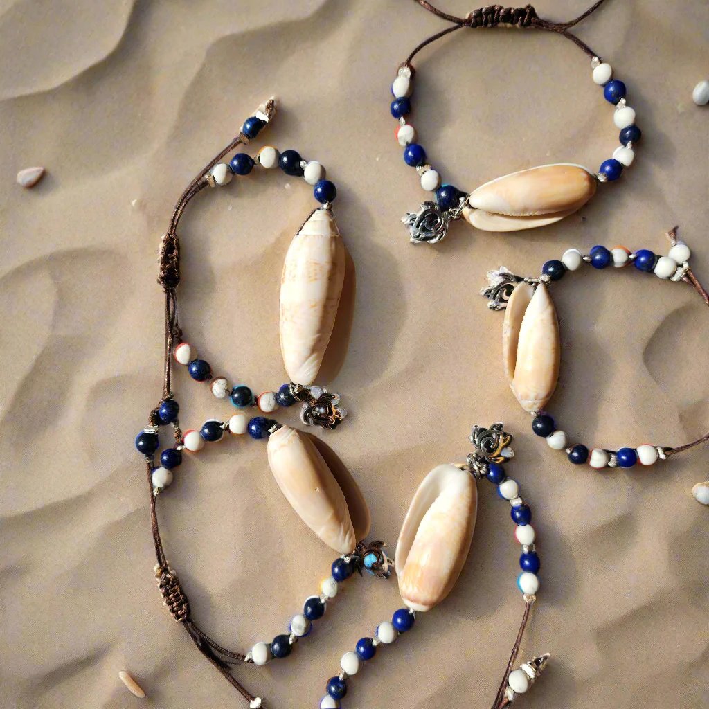 Lapis Lazuli and Howlite beach wedding bracelet set with Olive Shells and pearl accents
