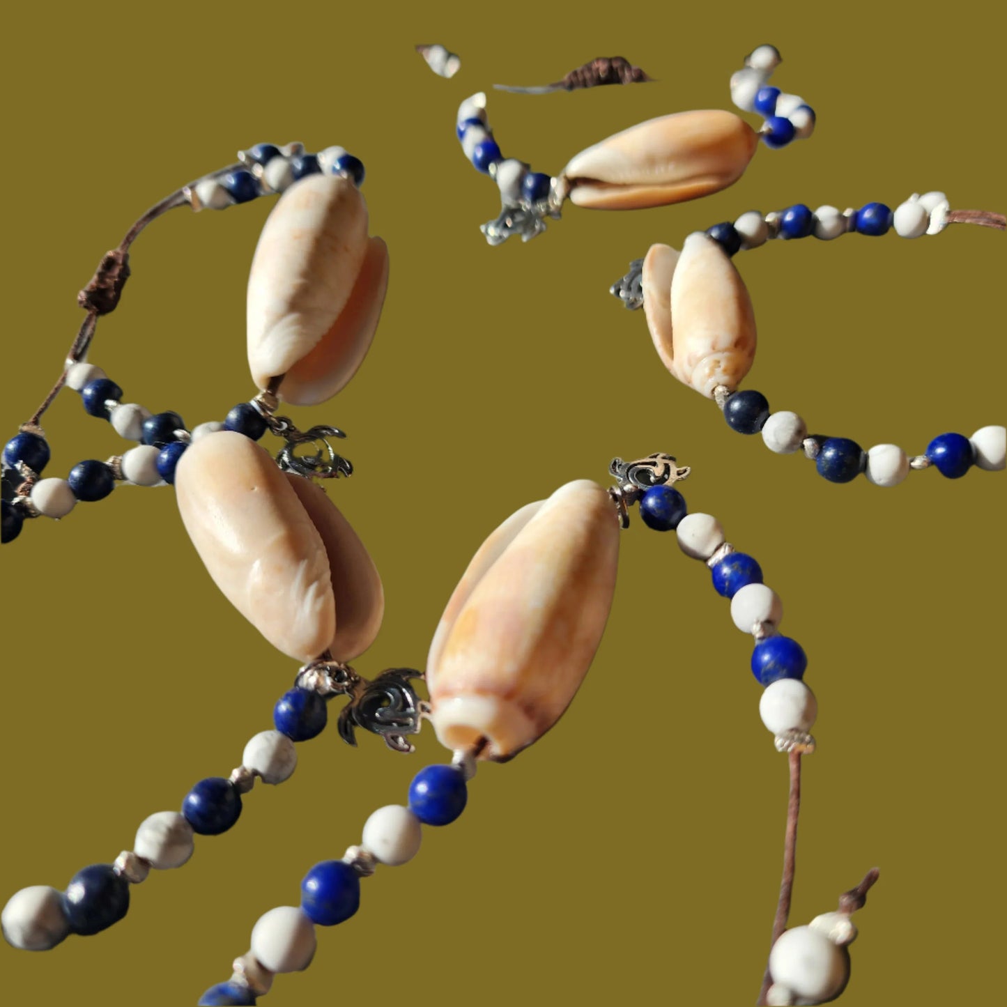Lapis Lazuli and Howlite beach wedding bracelet set with Olive Shells and pearl accents