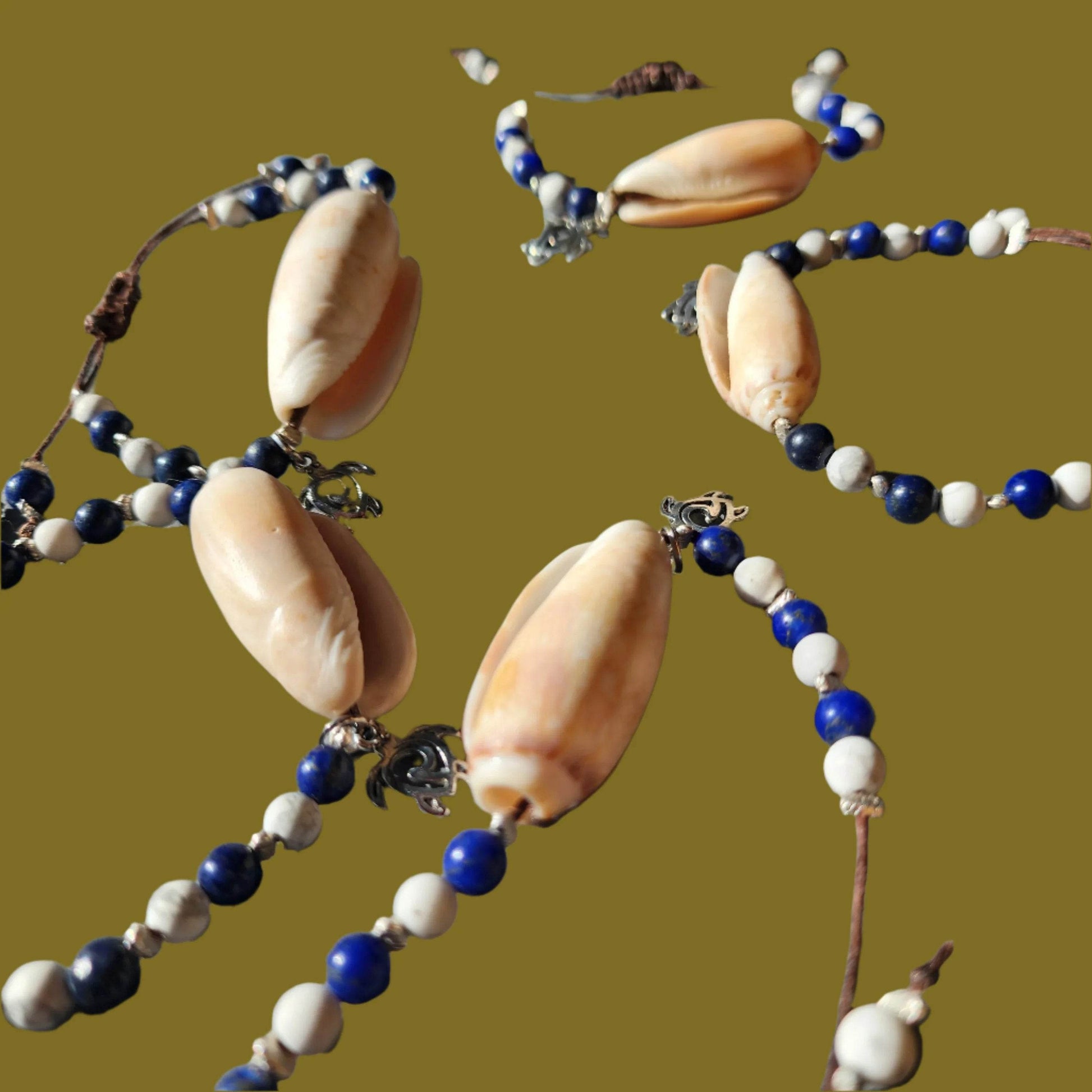 Lapis Lazuli and Howlite beach wedding bracelet set with Olive Shells and pearl accents