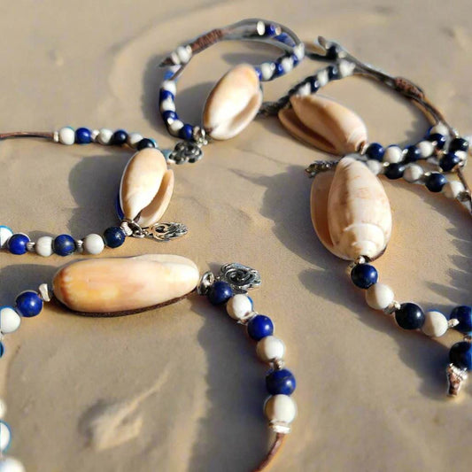 5-Pack Olive Shell Bridesmaid Bracelets - Lapis Lazuli & Howlite Beach Wedding Gift Set (Blue & White Theme)