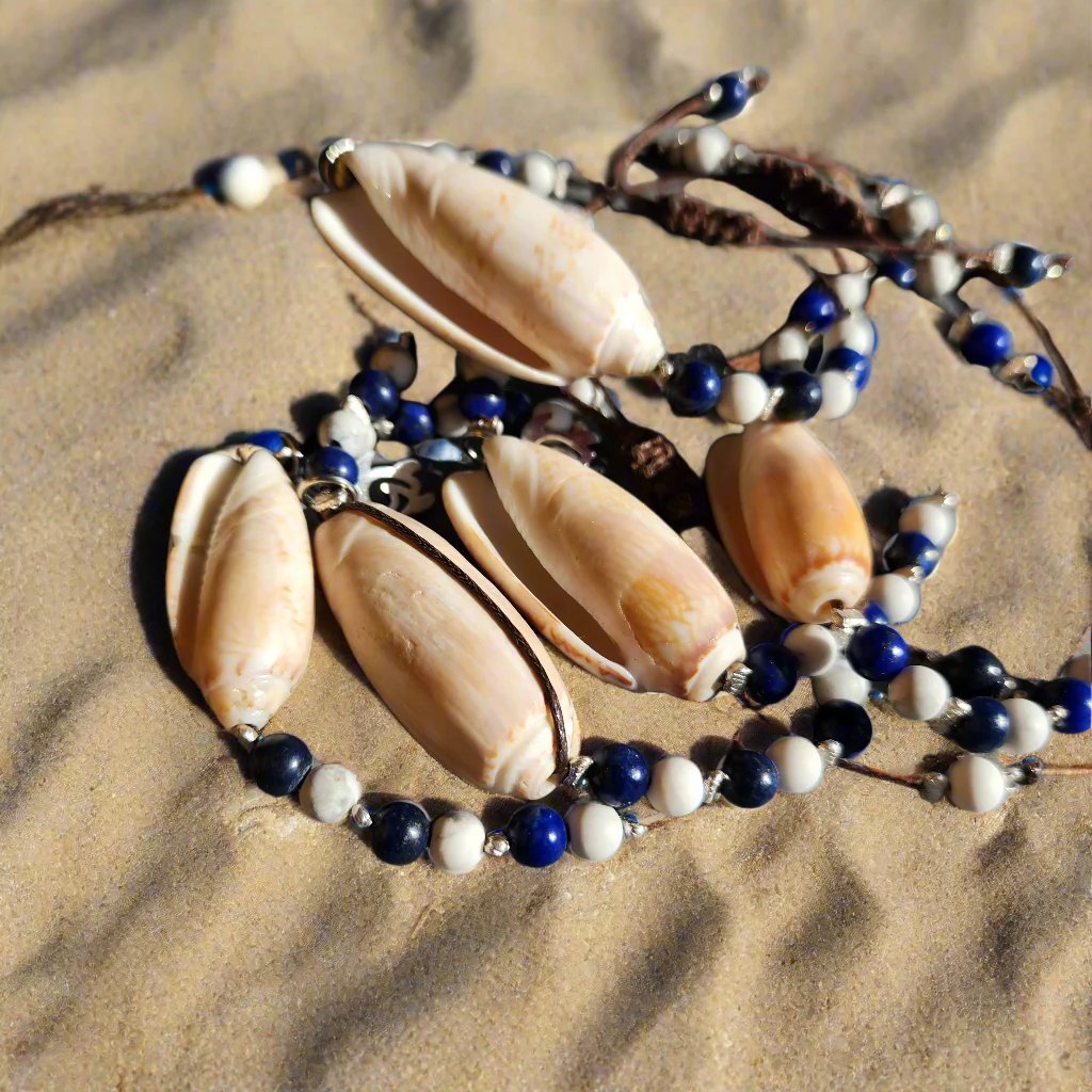 Lapis Lazuli and Howlite beach wedding bracelet set with Olive Shells and pearl accents