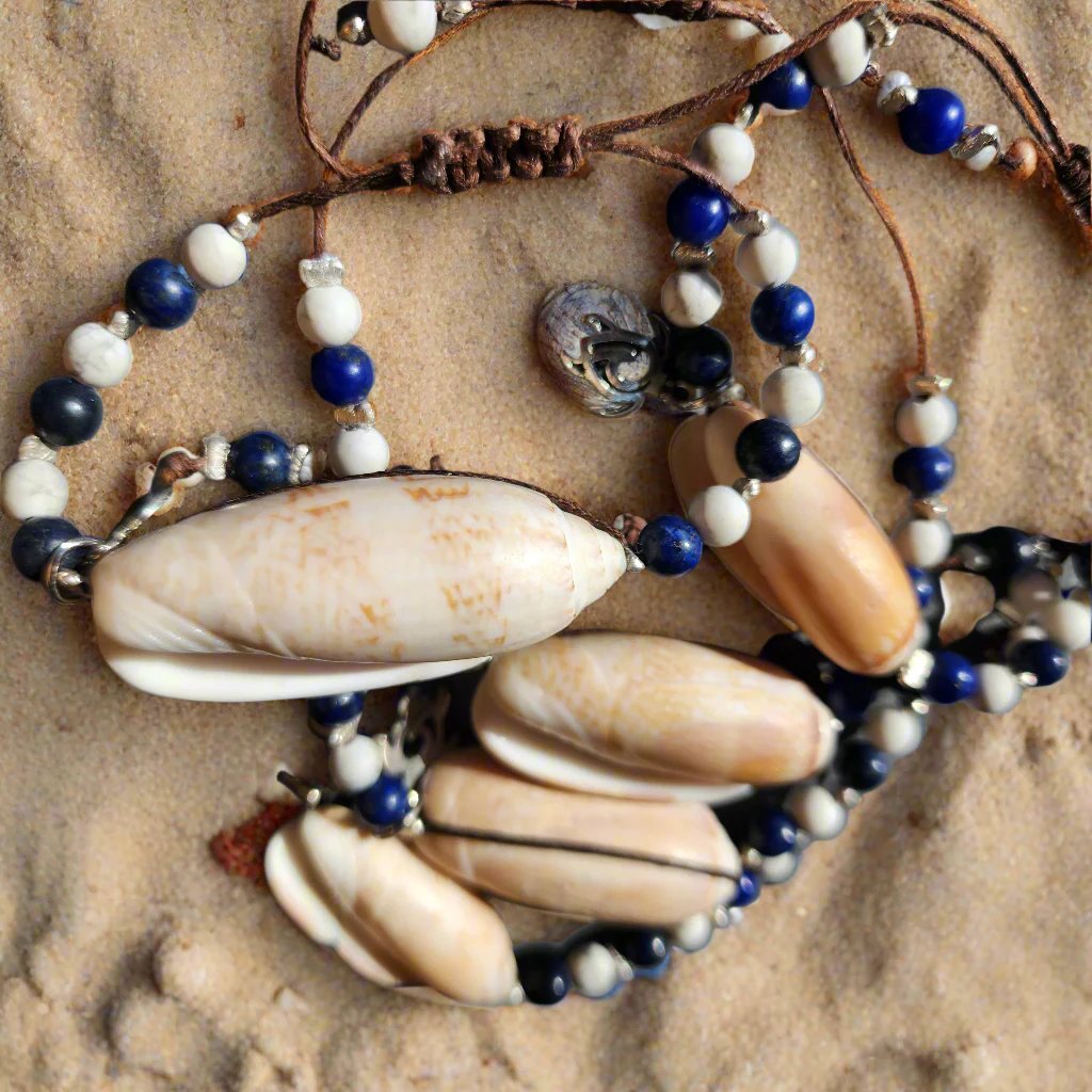 Lapis Lazuli and Howlite beach wedding bracelet set with Olive Shells and pearl accents