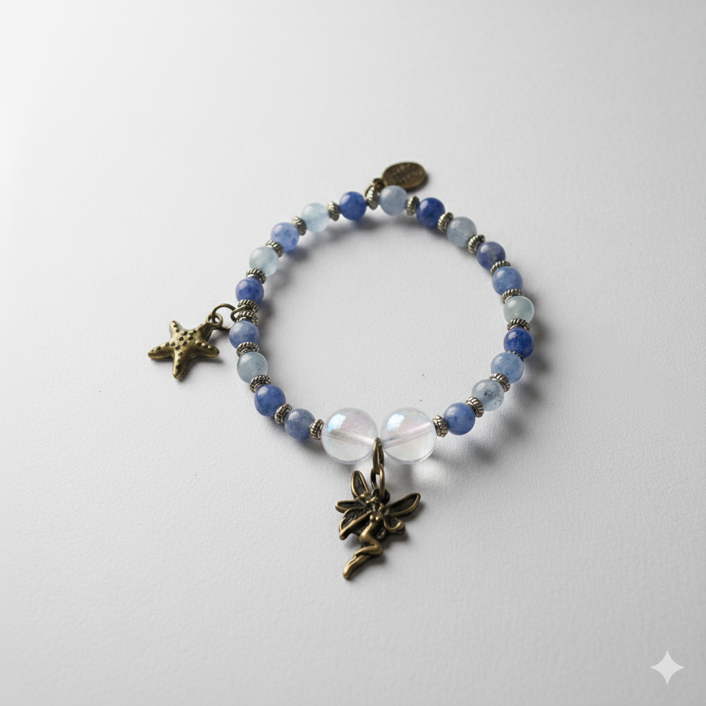 Handmade  Gemstone BraceletPowerful Blue Aventurine Bracelet with Angel Aura Quartz Beads, Vintage Fairy Charm, 7" Length
