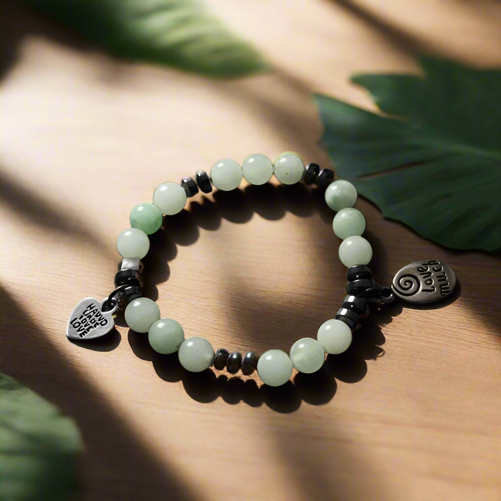 Handmade Beaded Stretchband - Green Aventurine - Hematite With Love Much-Laugh Often Charm