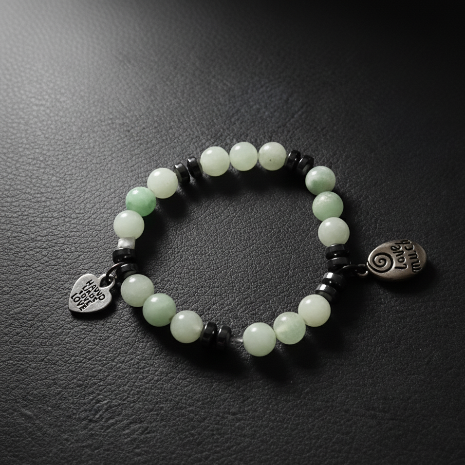 Handmade Beaded Stretchband - Green Aventurine - Hematite With Love Much-Laugh Often Charm