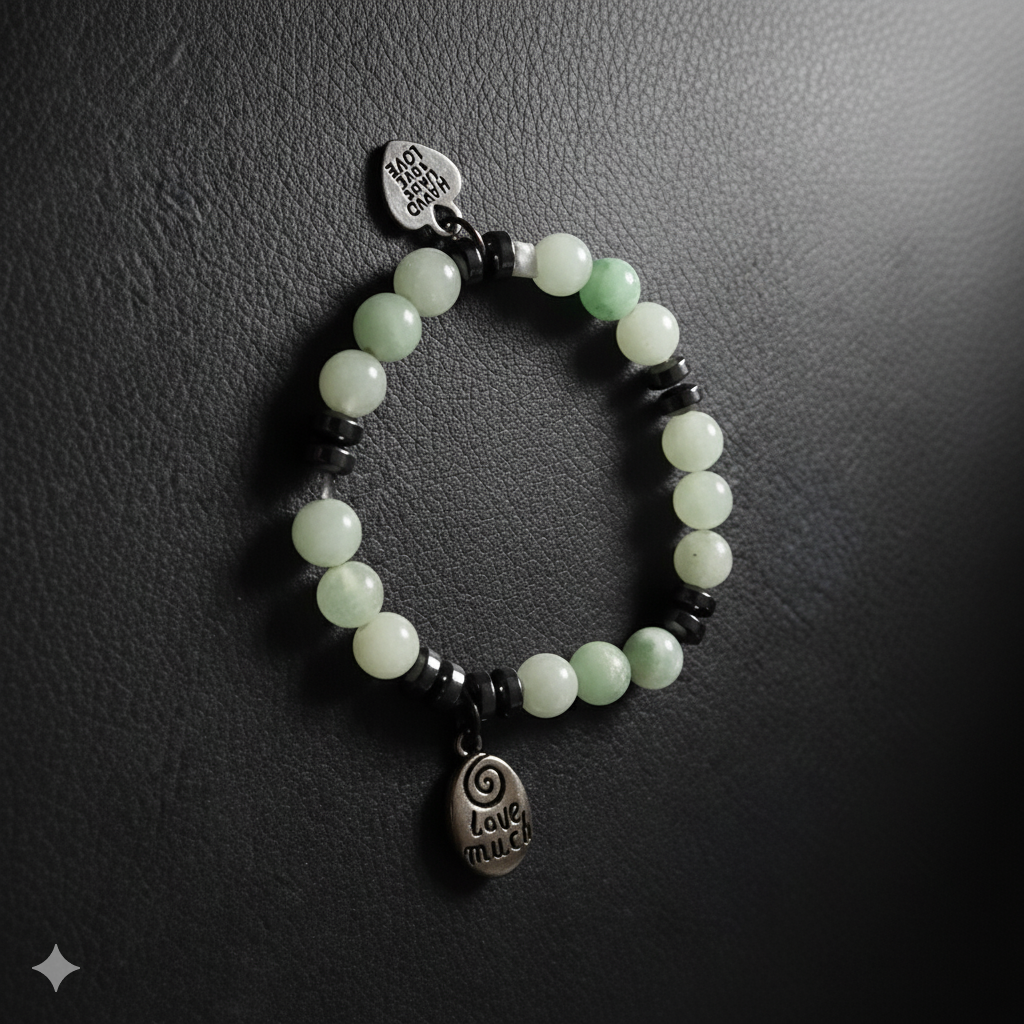 Handmade Beaded Stretchband - Green Aventurine - Hematite With Love Much-Laugh Often Charm