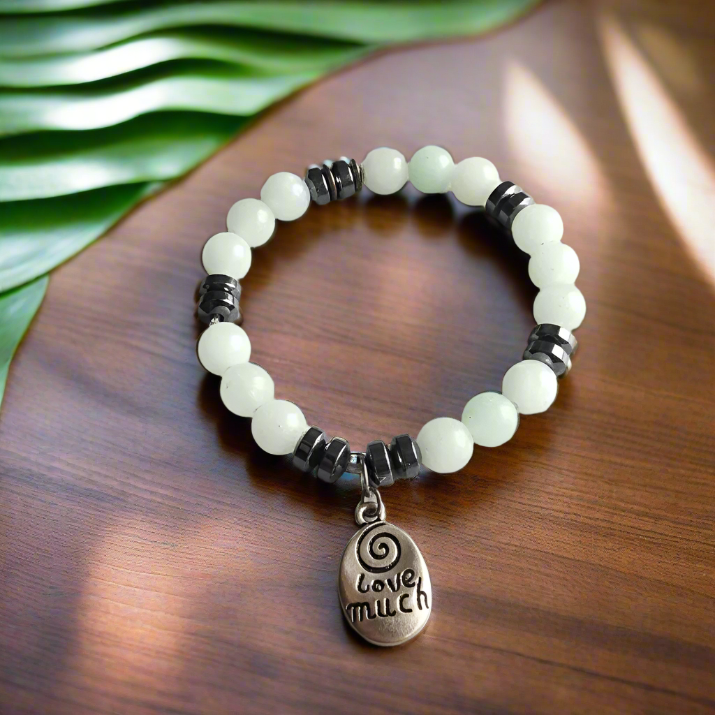 Handmade Beaded Stretchband - Green Aventurine - Hematite With Love Much-Laugh Often Charm