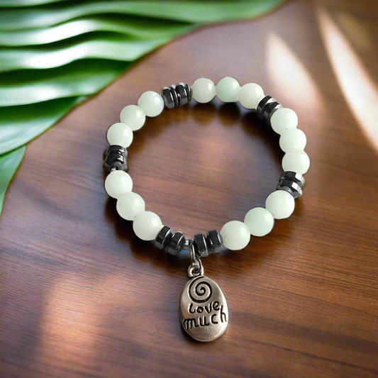 Handmade Beaded Stretchband - Green Aventurine - Hematite With Love Much-Laugh Often Charm