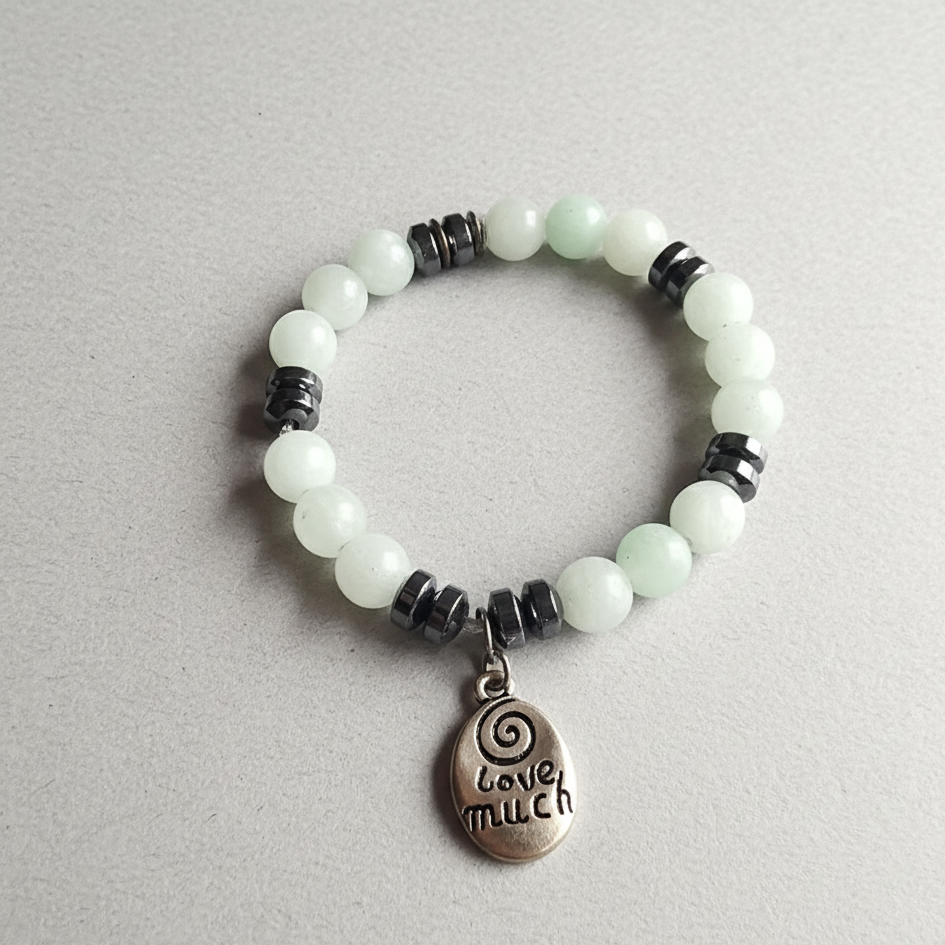 Handmade Beaded Stretchband - Green Aventurine - Hematite With Love Much-Laugh Often Charm