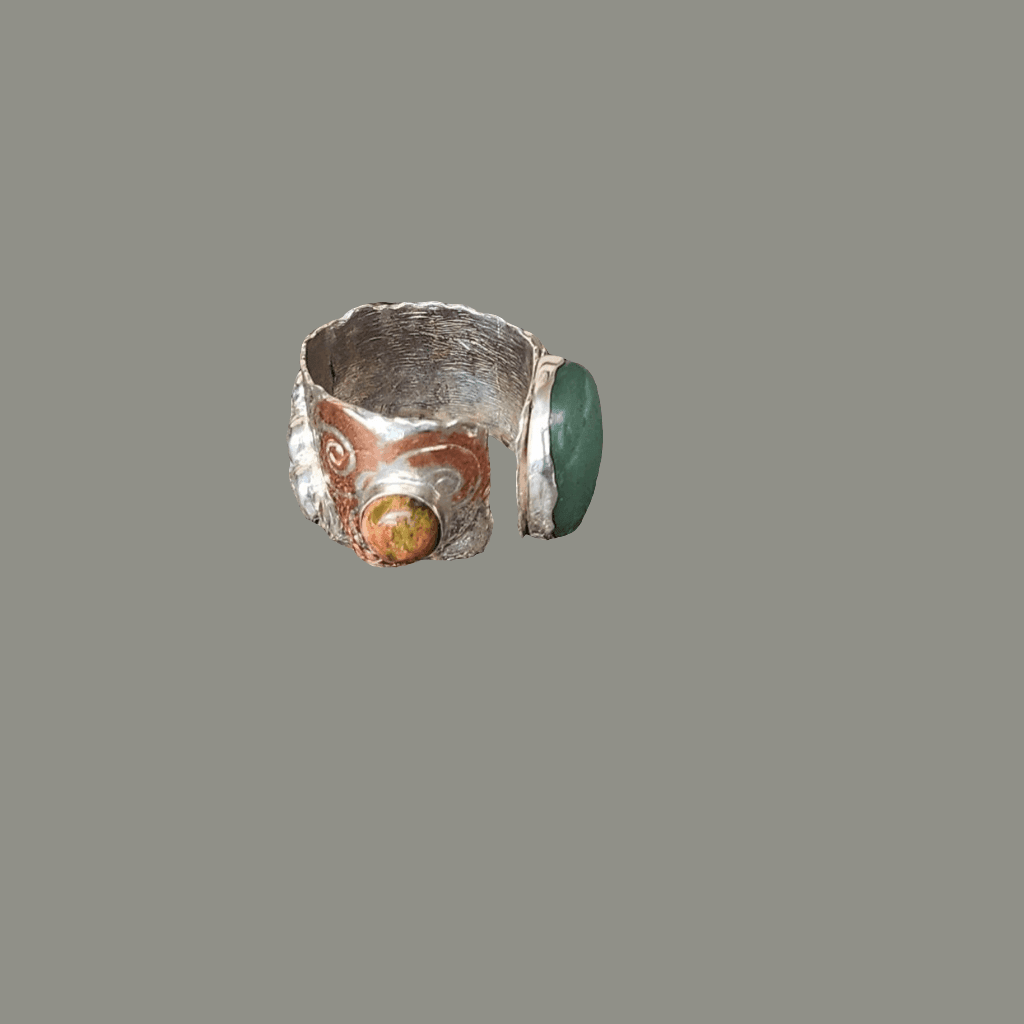 Adjustable Sterling Silver Boho Statement Ring – Aventurine, Unakite & Copper Heart