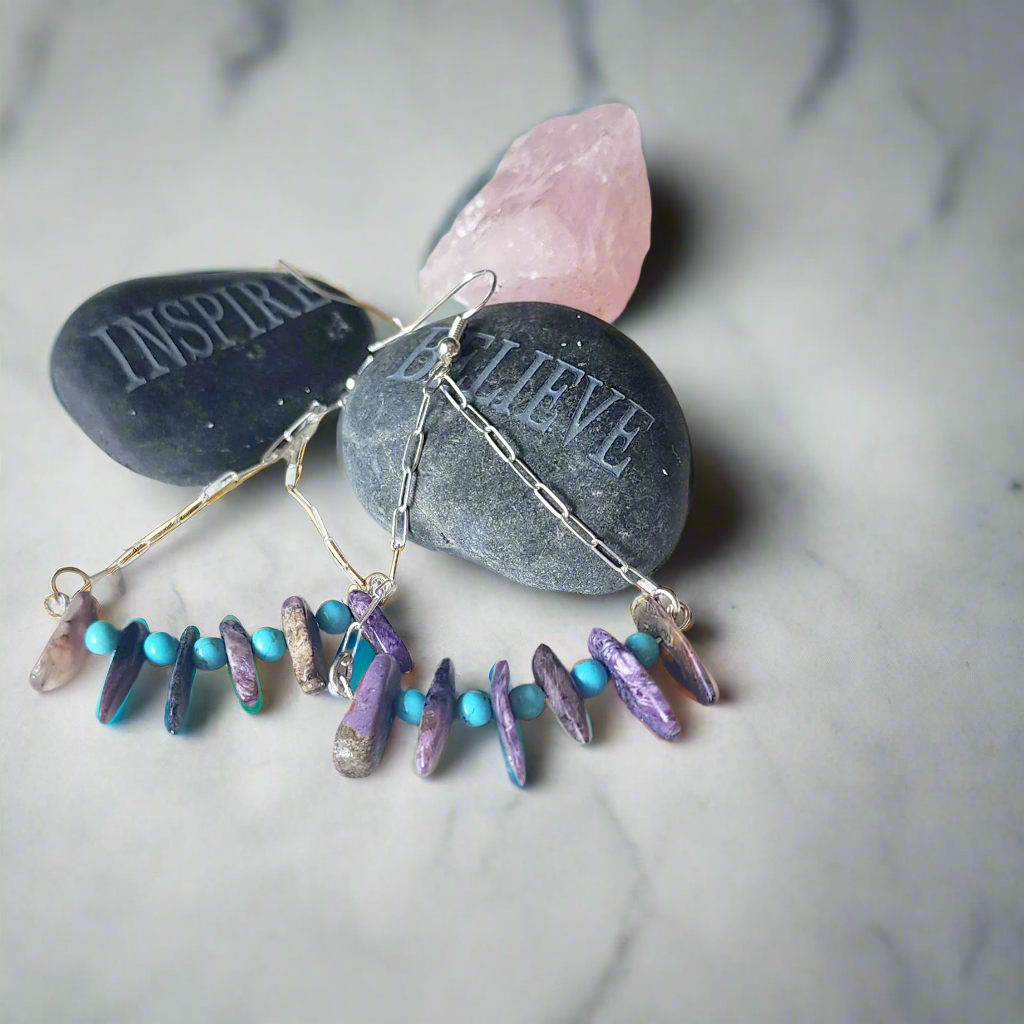 Handmade Sterling Silver Boho Earrings with Charoite & Turquoise Howlite Beads | Positive Energy Jewelry