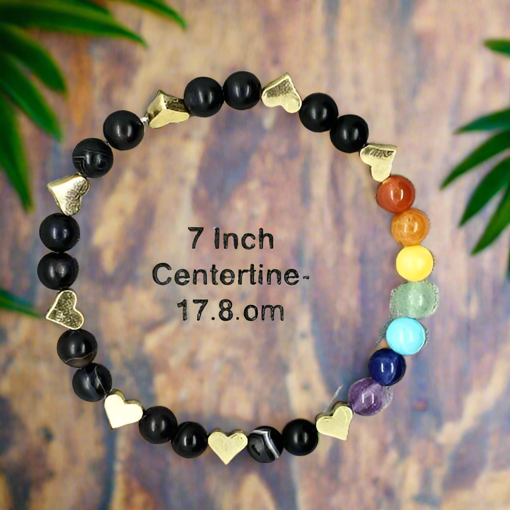 Handmade Chakra Beaded Stretch Bracelet with Gold Heart Spacers & Natural Gemstones