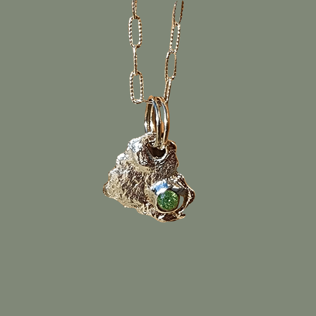 Handmade .999 Pure Silver Textured Heart Pendant Necklace with Green Rhinestone & Heart Clasp